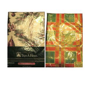 Pair Of Christmas Vinyl Tablecovers  60 Inch Round New In Packages Holiday Decor